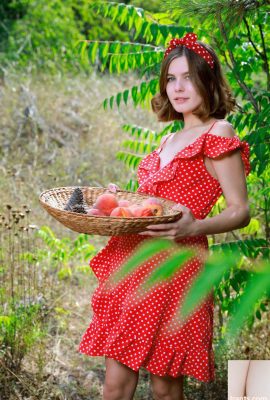 دختر کوچک روستایی زیبا در حال چیدن هلو در باغ به شما هلو می دهد – هلانا (40P)