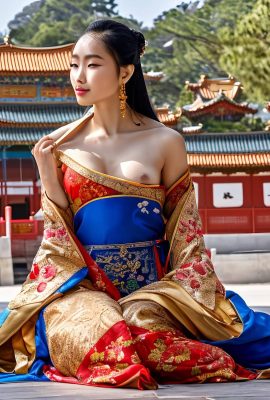 گوشواره طلای آویزان، عکس پرنسس زیبای چینی که واژن و سینه را نشان می دهد